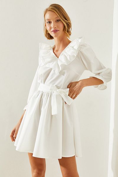 Bianco Lucci Minikleid mit V-Ausschnitt für Damen – Ärmel- und Kragendetail 21228 60251664