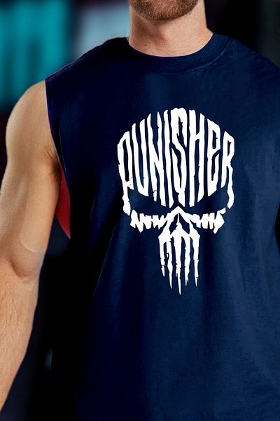 BESSA Navy Blue Oversize Punisher Printed Men's T-Shirt/Singlet - Crew Neck, Sleeveless