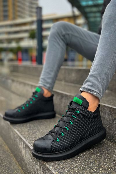 BZ Moda B111 Milano - Ορθοπεδικές ανδρικές αθλητικές μπότες, casual δέρμα, κορδόνια, μαύρο/πράσινο CST