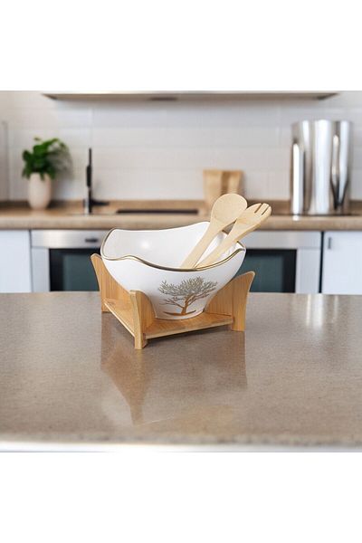 Vadi Gold Detailed Bamboo Serving Bowl - Porcelain Round Salad Set