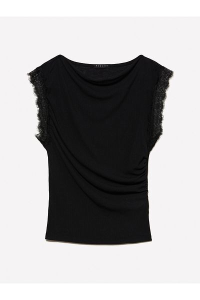Sisley Top de damă cu gât barcă cu dantelă neagră și cu șnur