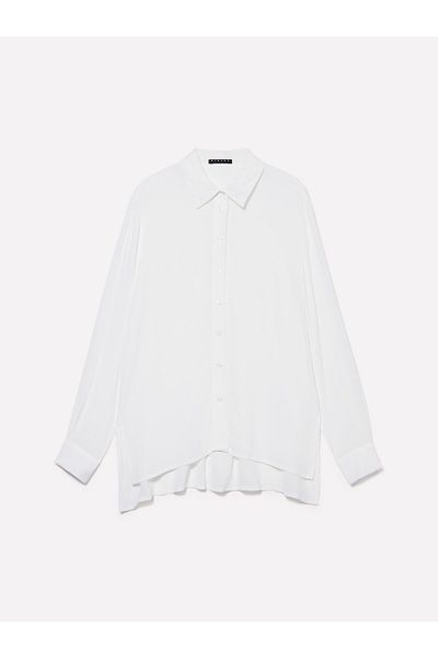 Sisley Off White 100% Viscos - Cămașă cu mânecă lungă pentru femei cu fantă laterală scurtă