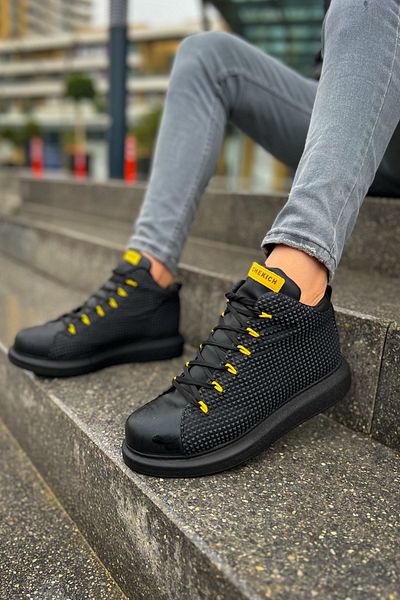 BZ Moda B111 Milano - Ανδρικά Ορθοπεδικά Αθλητικά Μποτάκια, Casual Skin, Lace Up, Μαύρο/Κίτρινο