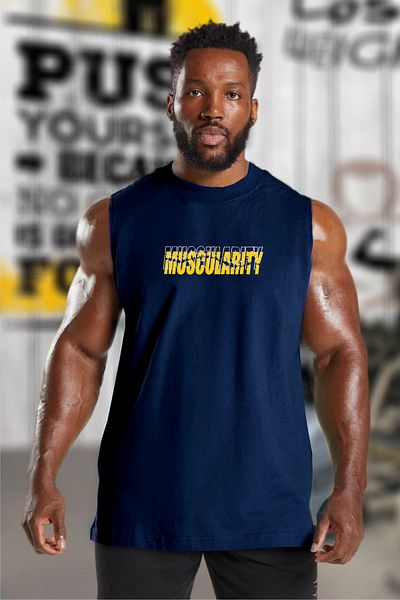 BESSA Navy Blue Oversize Crew Neck Men's Muscularity Printed Sleeveless Cotton Tank Top
