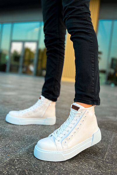 BZ Moda Ανδρικές αθλητικές μπότες B167 Blazer - Ορθοπεδική σόλα, κορδόνια και φερμουάρ, casual δέρμα λευκό