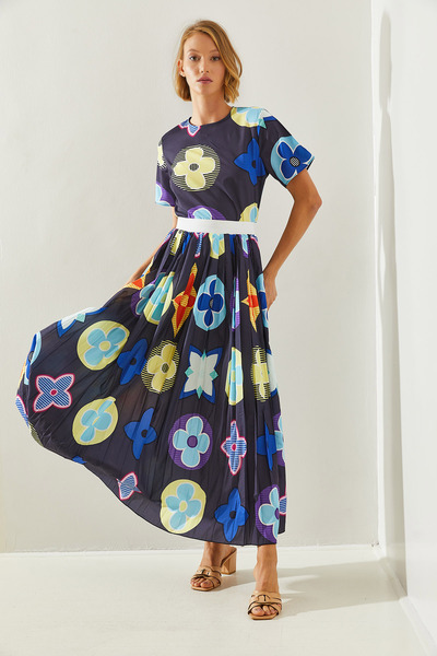 Bianco Lucci Floral Patterned Pleated Skirt and Top Set - Elastic Waist Women 2097 60251668