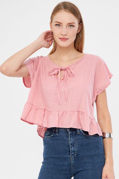 armonika Πούδρα Oversize Crop Μπλούζα - Νυχτερίδα μανίκι και δεμένη φούστα ARM-24Y 001088