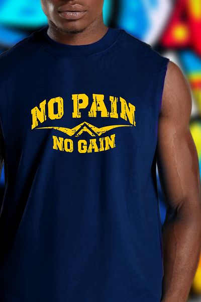 BESSA Navy Blue Oversize Men's T-Shirt - No Pain No Gain Printed, Crew Neck, Cotton Sleeveless Tank Top