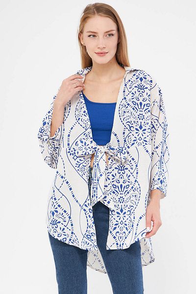 armonika Cămașă kimono din in cu model albastru și alb - cu cravată în față, ARM-24Y 001079
