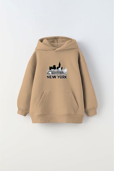 The Champ Clothing Hanorac pentru copii unisex bej cu imprimeu New York - cu glugă și fleece