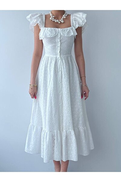 WOWBUTİK Λευκό Midi Φόρεμα - KANT, Λεπτομέρεια βολάν