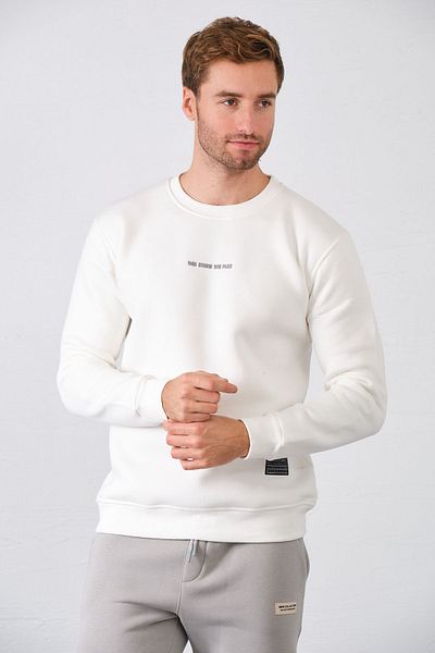 aziso Λευκό φούτερ Crew Neck - Ανδρικό, Κεντημένο, Slim Fit, 3 String Raised ύφασμα