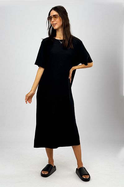 Betimoda Rochie de damă din țesătură șifonată cu fantă supradimensionată, cu mânecă scurtă, cu decolteu, lungime midi, neagră