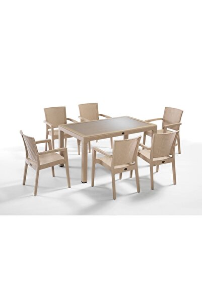 Novussi Liverno Suya ve Güneşe Dayanıklı 6 Koltuklu 90x150 Dikdörtgen Camlı Masa Rattan Bahçe Balkon Takımı