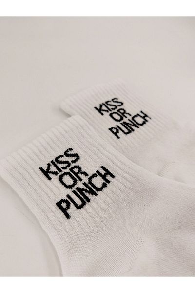 Shuttle Park White Unisex Comics Cut College Socks - Kiss Or Punch Written