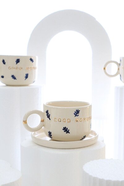 ada mia seramik Mercan Desenli Good Morning Özel Tasarım 24k Altın Dekorlu El Yapımı Seramik Mug 200ml