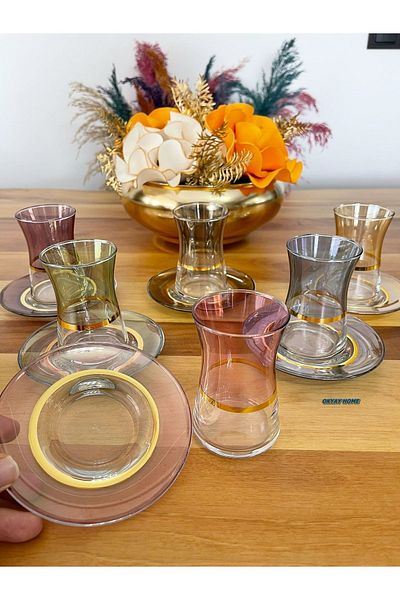 Paşabahçe PASHABAHÇE Luxury Tea Set for 6 People - Special Design with 6 Colors, Gift Dowry Box
