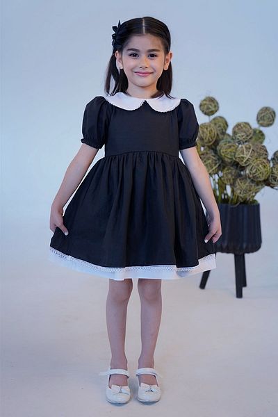 Bertuğ Bebek Dantela Detaliata Guler Bebeluş Fetiţă Copil Bebeluş Poplin Rochie Alb-Negru