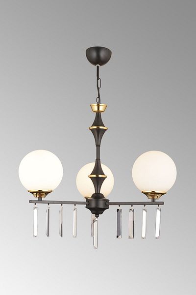 KARDELEN AYDINLATMA AVİZE Luxury Upward Facing Crystal Stone Chandelier with Propeller Black 3-Piece White Globe Glass