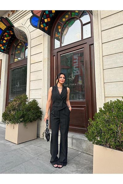Bella Breeze Striped Asymmetrical Vest and Palazzo Pants Suit - Women