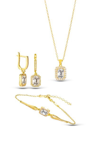 ADA LİFE GÜMÜŞ 925 Ayar Gümüş 3 Lü Tek Taş Baget Set (özel Kutulu) BİLEKLİK KÜPE KOLYE