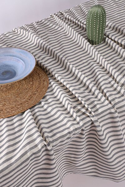 KAMİZ Linen Tablecloth - Gray Striped Design