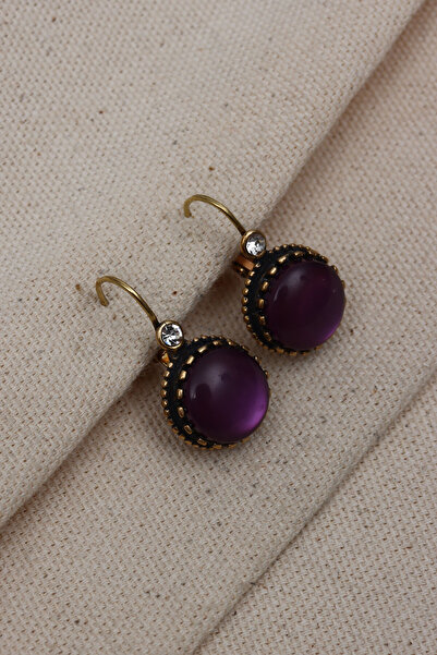 Süspüs Accessories Saydam Mor Taşlı Otantik Yuvarlak Küpe