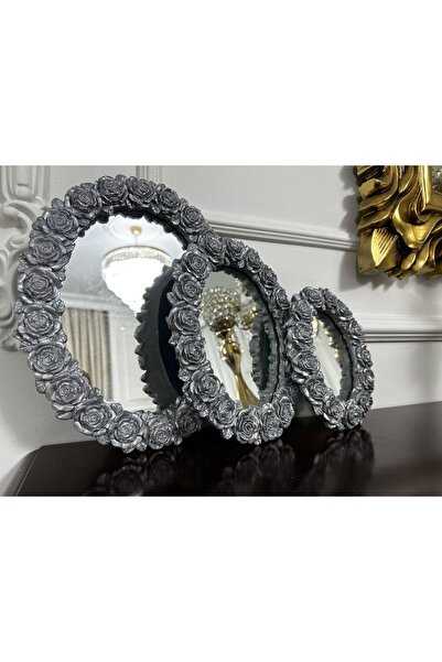 busraconcept Papatya Modeli Gümüş Duvar Aynası 3 Lü Set