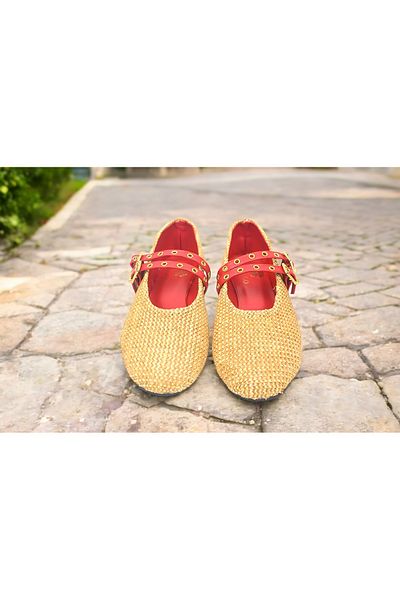 yabisago Red Knitted Ballerinas - Gold Straw Women's Model