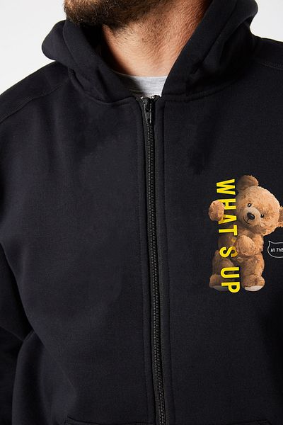 OFFSIDESIGN Μαύρη ζακέτα Unisex με στάμπα με αρκουδάκι - μπουφάν με φερμουάρ και κουκούλα με σχέδιο What's Up