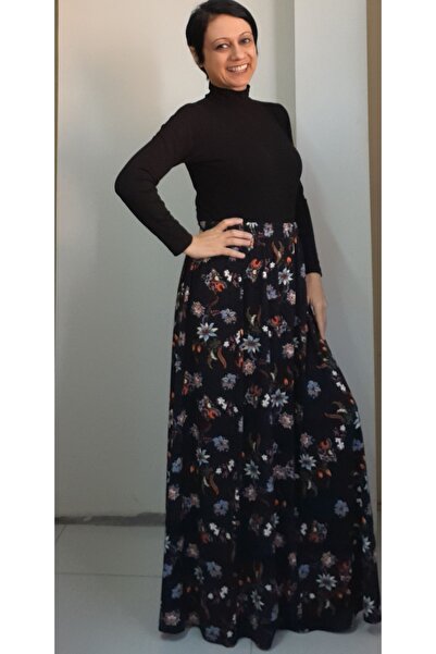 Mertcan Butik Fustă din viscoză din bumbac pieptanat 6 piese cu imprimeu floral negru