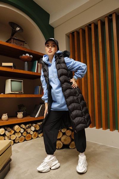 MAS BUTİK Long Puffer Vest - Hooded and Fur Detailed
