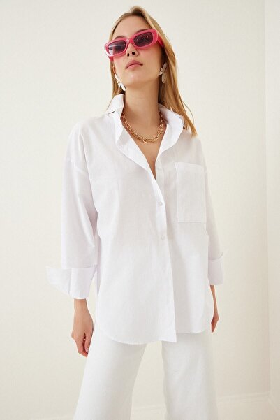 laughs Kadın Arkası Düğmeli Beyaz Oversize Salaş Gömlek Gm6000