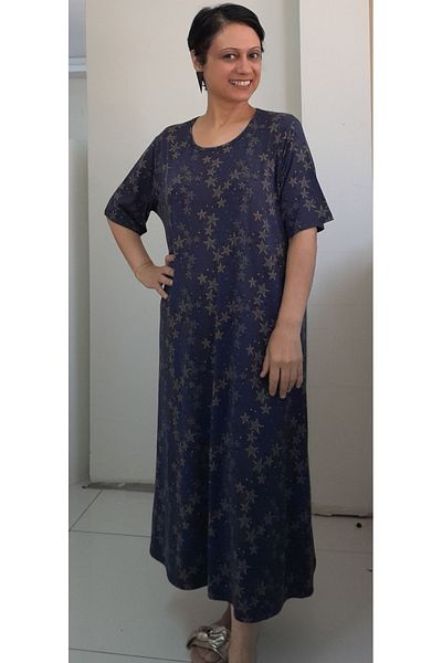 Mertcan Butik Φόρεμα με αστεράκια μπλε βαμβακερό βισκόζη