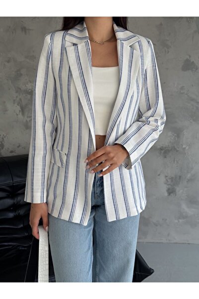 POYDER Kadın Ekru Mavi Çizgili Vatkalı Keten Karışımlı Blazer Ceket