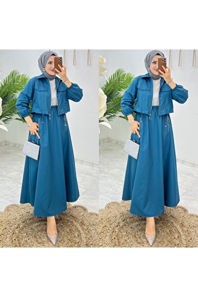 FIRSTESLEM طقم نسائي من الدرجة الأولى - تنورة من قماش الكريب وسترة بسحاب