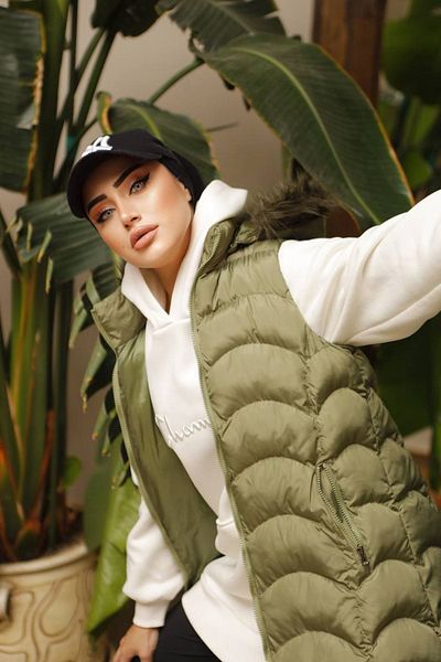MAS BUTİK Long Puffer Vest with Hooded Fur Detail