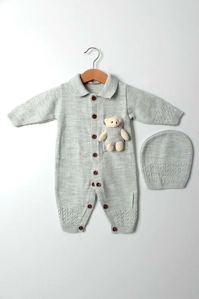 Çocuksan Baby&Kids Wear Unisex Gray Knitwear Baby Onesie - With Teddy Bear, 9 Months - Cs 2023000065 -4147