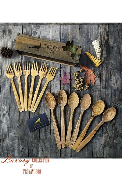 TROYAN 1868 Handcrafted Olive Wood-Fork-Spoon Set. 12 Pieces Olive Tree Serving Set with Wooden Box