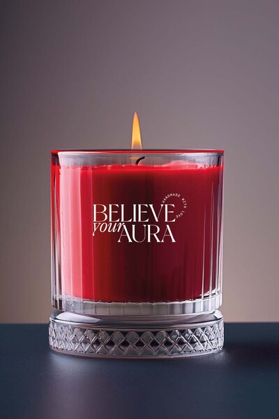 Believe Your Aura Sandal Ağacı Kokulu Mum - %100 Doğal Soya Mumu Kristal Bard...