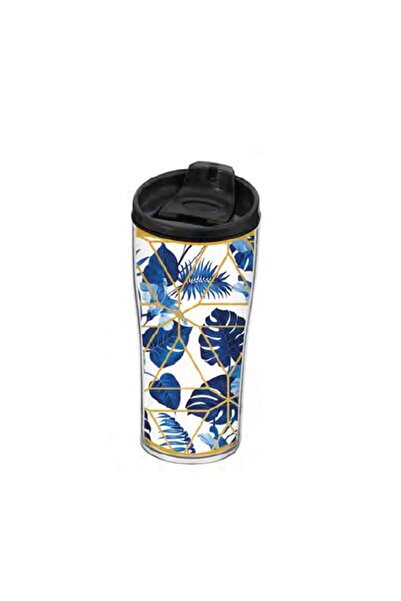 mutlu adım 440 cc Desenli Kahve Matarası Bardak Mavi Yaprak