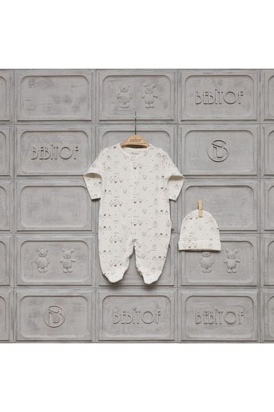 Bebitof Unisex Baby Ecru Teddy Bear Patterned Jumpsuit with Hat and Booties