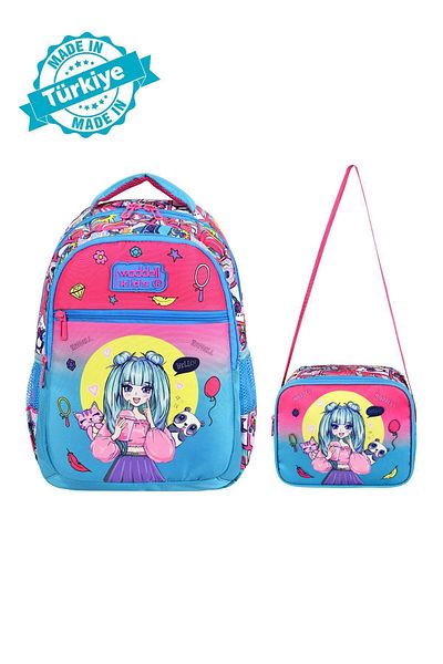 Waddell Rucsac și cutie de prânz pentru fete cu model roz-turcoaz - cu licență