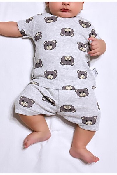 Drop Kids Baby Pajama Set Short Sleeve Shorts Gray Teddy Bear Pattern Printed...