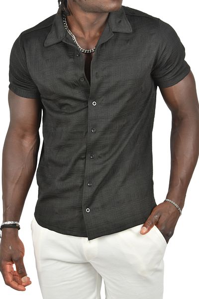DeepSEA Black Slim Fit Lycra Men's Shirt - Embossed Pattern, Short Sleeve 2403222