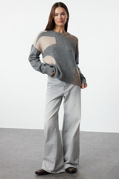 Trendyol Collection Wide Fit - Color Blocked Anthracite Knitwear Sweater TWOAW25KZ00003