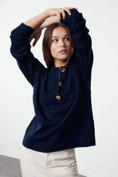 Trendyol Collection Navy Blue Basic kötöttáru pulóver - puha textúrájú TWOAW25KZ00212