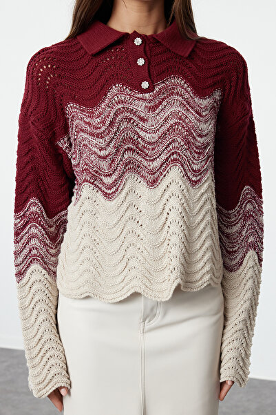 Trendyol Collection Pulover de tricotaj cu blocuri de culoare mov Crop Gem Buttoned TWOAW23KZ01331