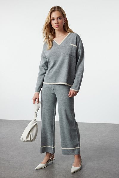 Trendyol Collection Antracit széles szerszám tollas fonal díszített kötöttáru alsó-felső szett TWOAW24AU00099