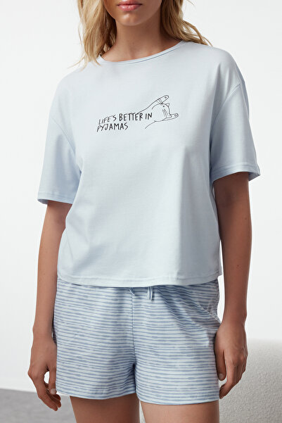 Trendyol Collection Světle modré pruhované bavlněné šortky Pyžamo Set - THMSS23PT00228